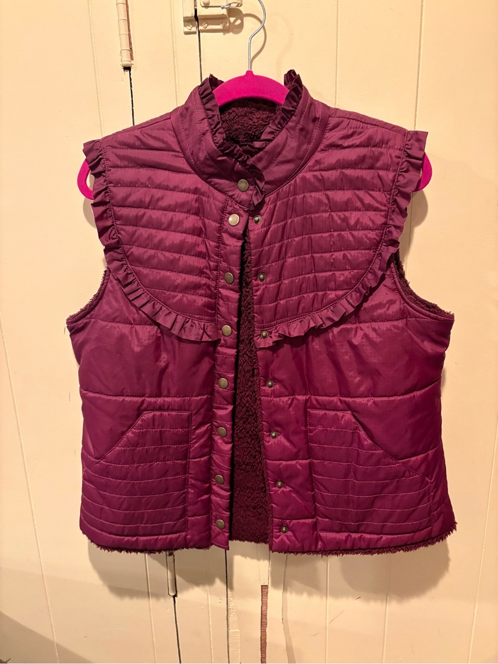 Free People Quilted Ruffle-Trim Vest in Plum